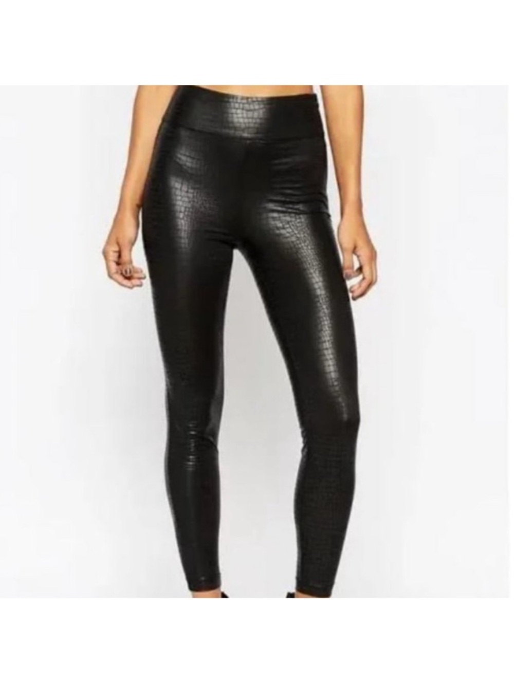 7 For All Mankind Black Croc-Embossed Faux Leather Leggings‎